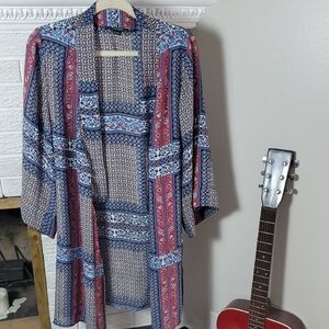 Tahari Women's Patterned Kimono Duster Open Front Bohemian Cover Up Size XL Or L